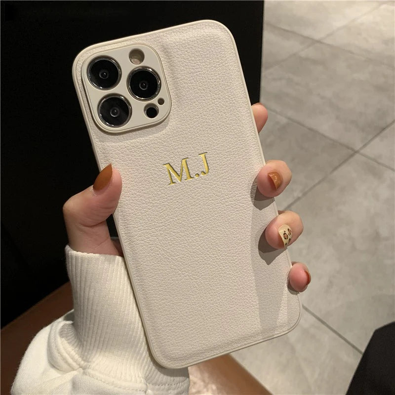 Customized Name Case For iPhone 15 14 13 12 11 Pro Max Initials Letters Leather