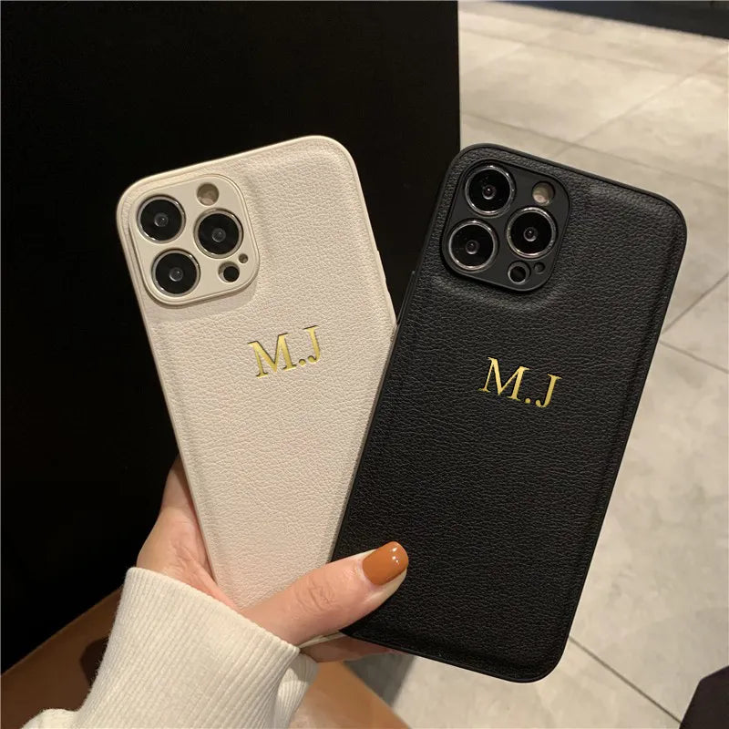 Customized Name Case For iPhone 15 14 13 12 11 Pro Max Initials Letters Leather